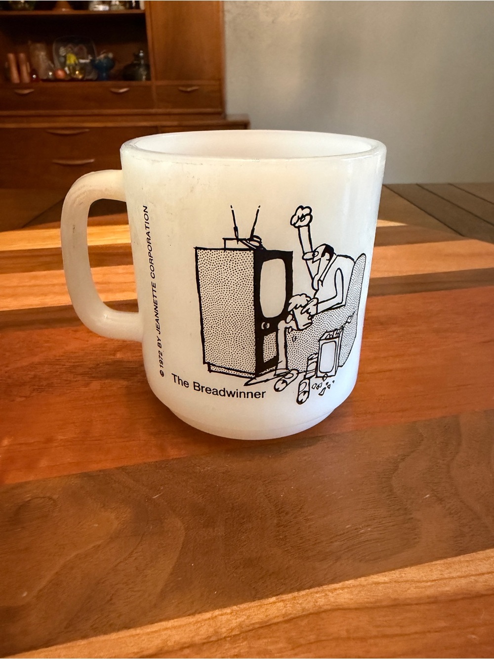 White Glass Cartoon-Print Coffee Mug - "The Breadwinner"